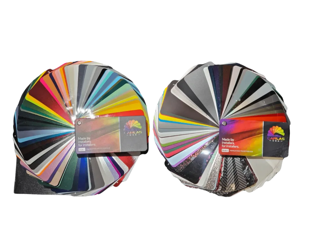Carlas USA Color PPF Sample Book – Clear Cut Glass & Tint Carlas USA color PPF sample books showing full range of paint protection film colors and finishes at Clear Cut Glass and Tint in Glendale AZ