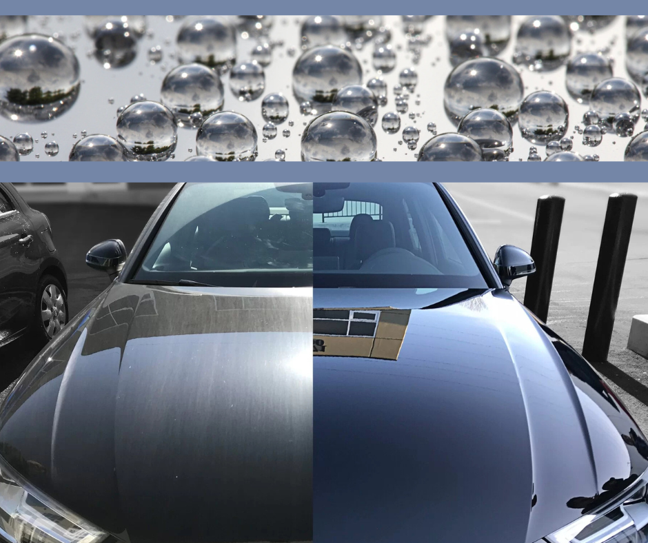 Ceramic Coating Water Beading & Before/After Results | Clear Cut Glass and Tint Glendale AZ Water-beading effects and a before-and-after comparison of ceramic coating on an Audi, showing improved gloss, protection, and hydrophobic performance by Clear Cut Glass and Tint in Glendale, Arizona.