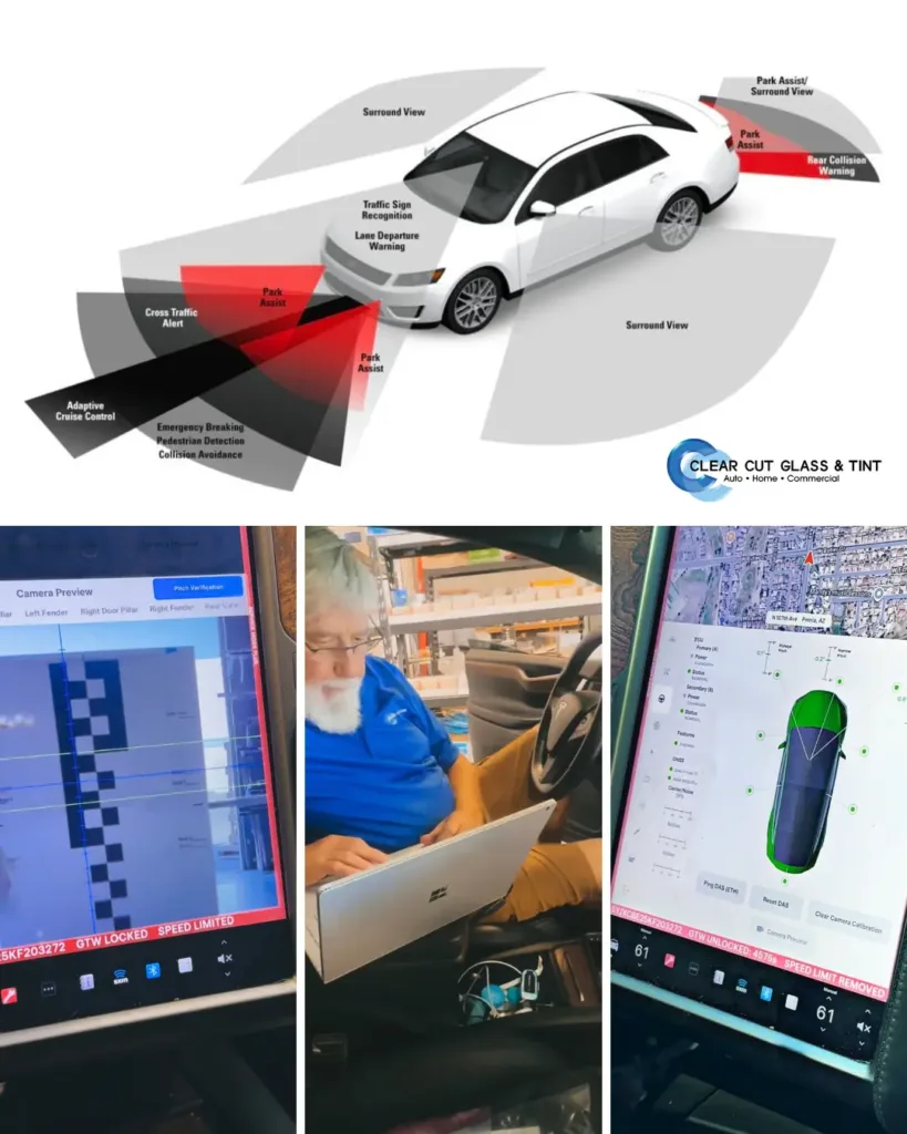 Images showing the ADAS camera recalibration process at Clear Cut Glass and Tint in Glendale, Arizona, including sensor zones, technician calibration setup, and a Tesla on-screen calibration preview.