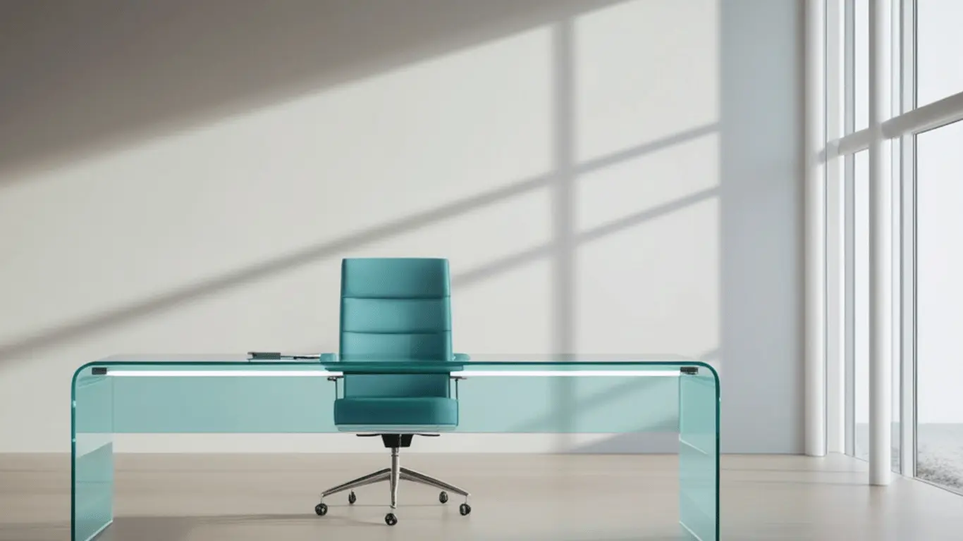 Custom Commercial Glass Desk & Office Furniture | Clear Cut Glass & Tint Custom commercial glass desk featuring thick structural glass designed for modern office environments