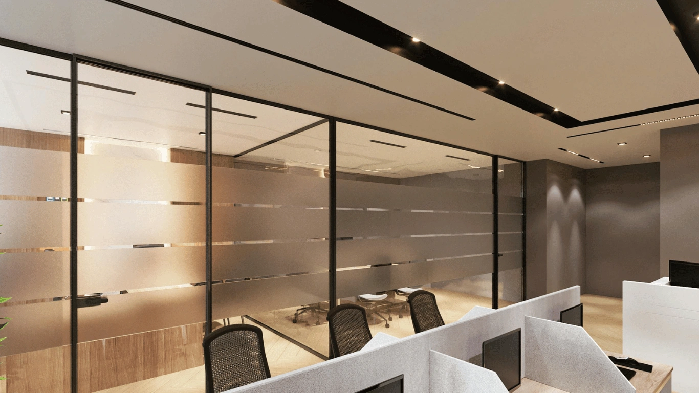 Modern commercial office featuring privacy glass partitions designed to create separation while maintaining light and openness