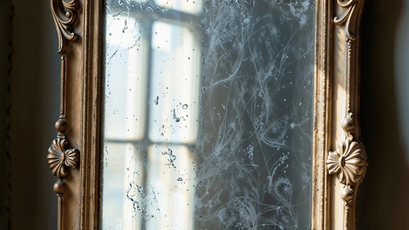 Close-up of custom antique mirror glass featuring a distressed, aged finish designed to reflect historic character