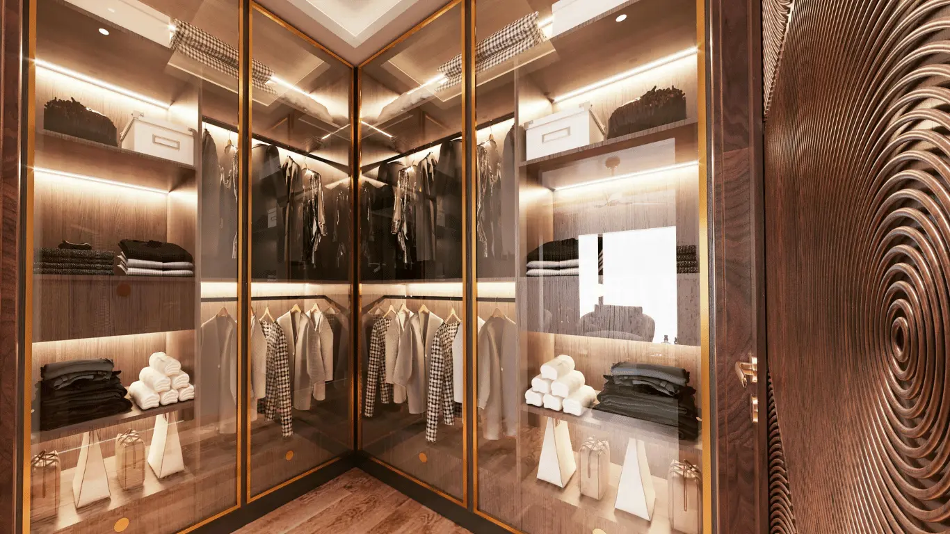 Luxury residential walk-in closet featuring custom glass doors and interior glass panels installed by Clear Cut Glass & Tint