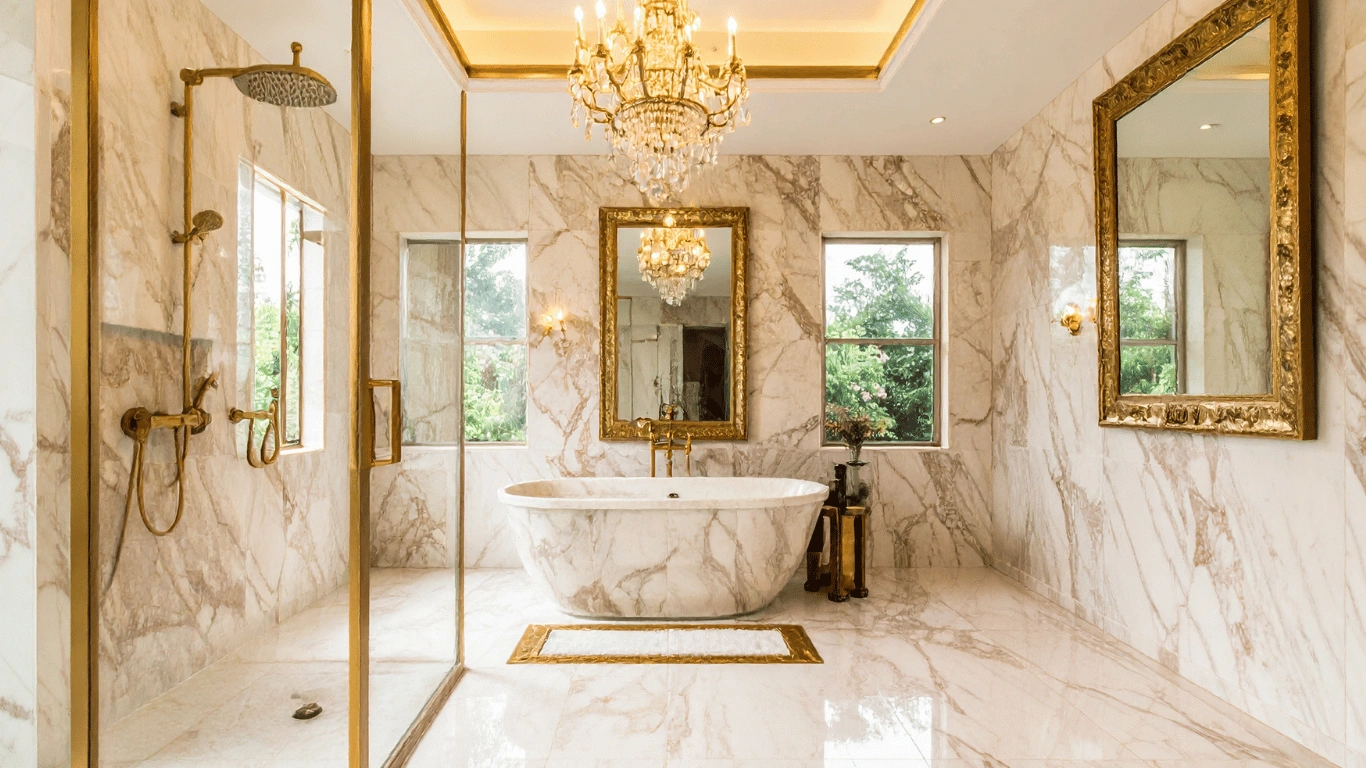 Luxury residential bathroom featuring a custom glass shower enclosure and decorative mirrors installed by Clear Cut Glass & Tint