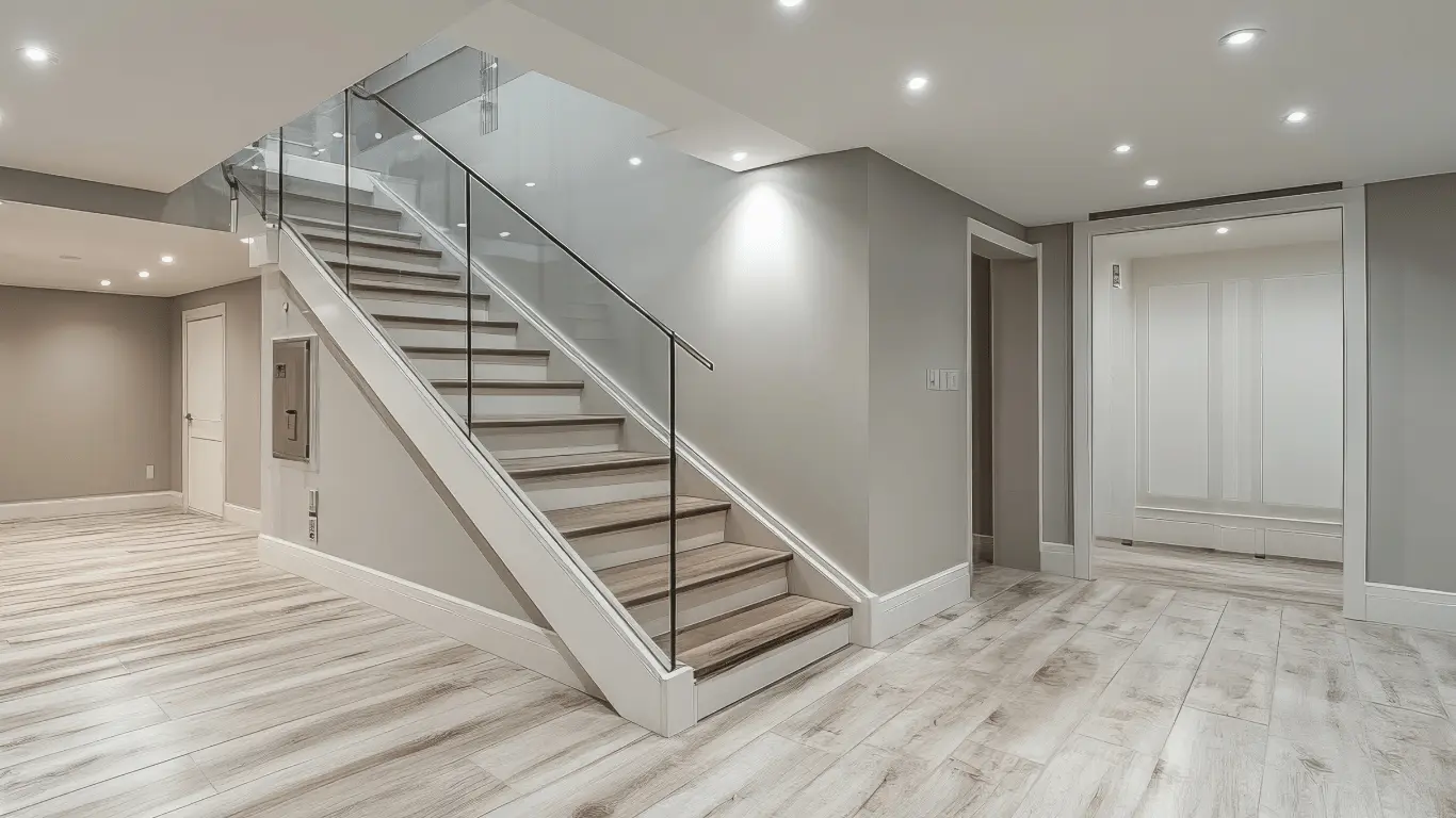 Modern residential staircase featuring a custom glass railing designed to provide safety while maintaining an open, light-filled interior
