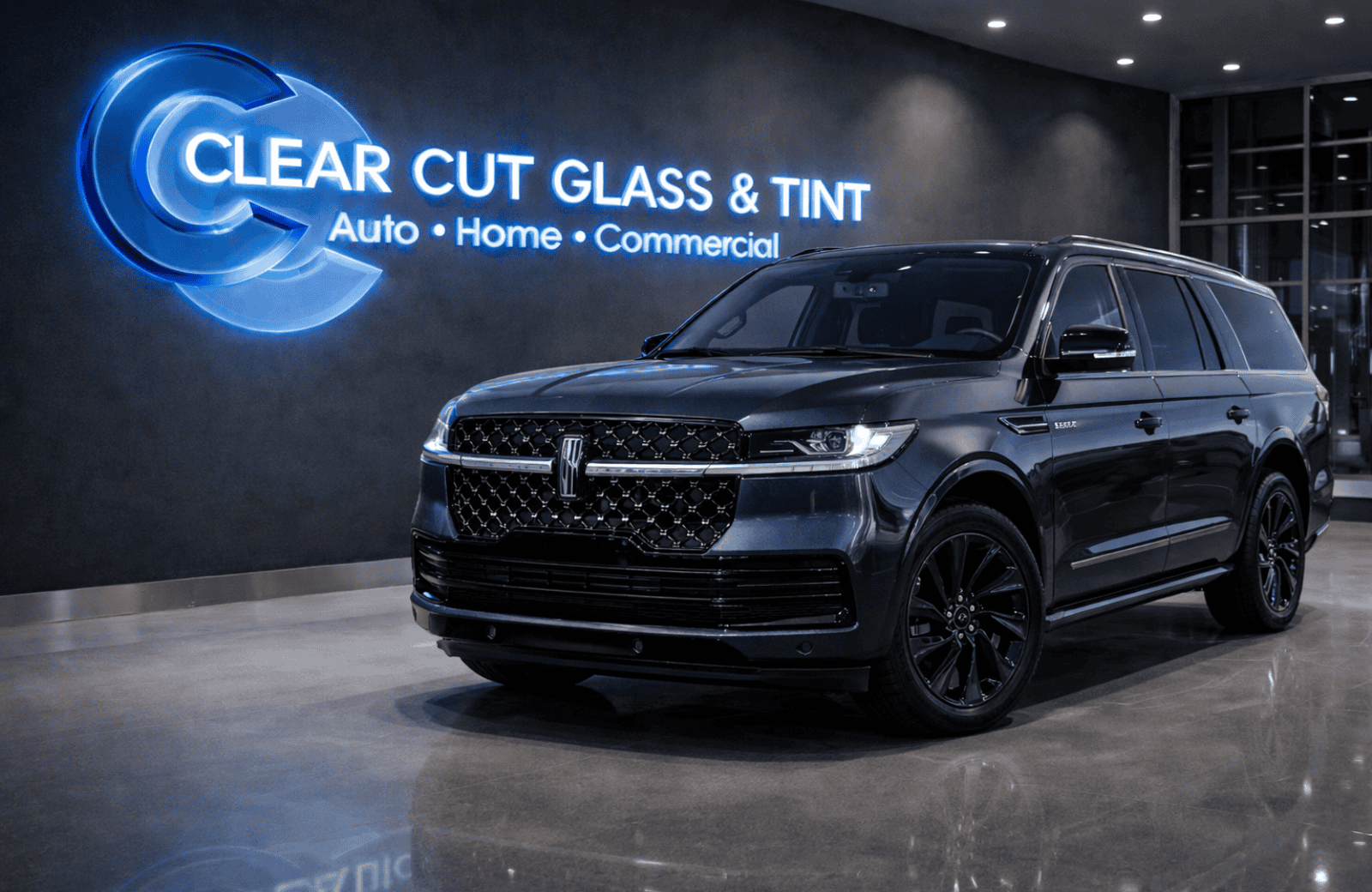 Luxury SUV inside Clear Cut Glass and Tint showroom in Glendale Arizona with modern interior and branding wall