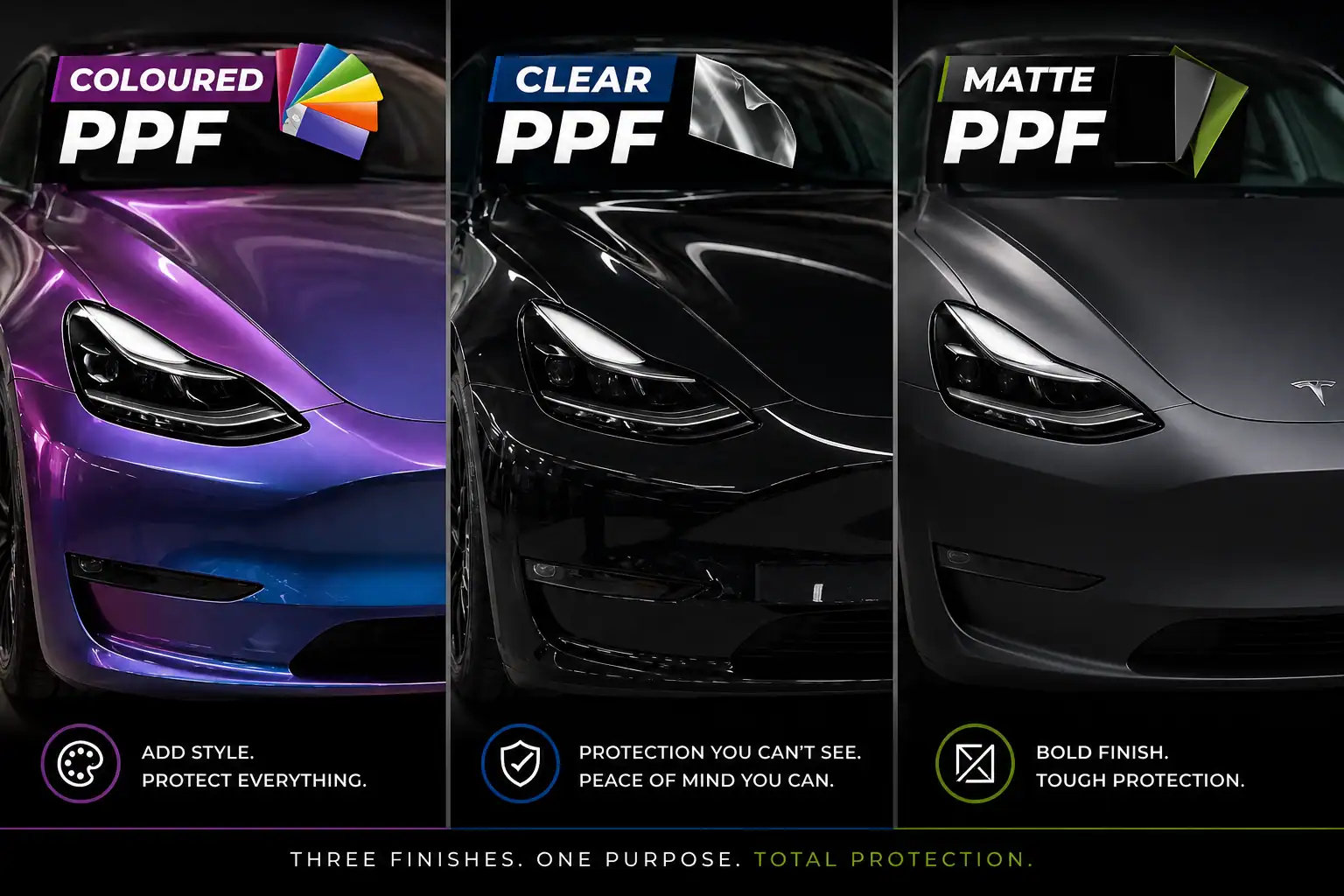 Tesla with colored, clear, and matte paint protection film showing different PPF finish options and styles