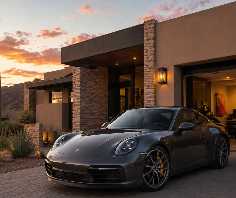 Luxury Porsche 911 parked outside an Arizona home with an open garage, showing exposure conditions that affect PPF lifespan