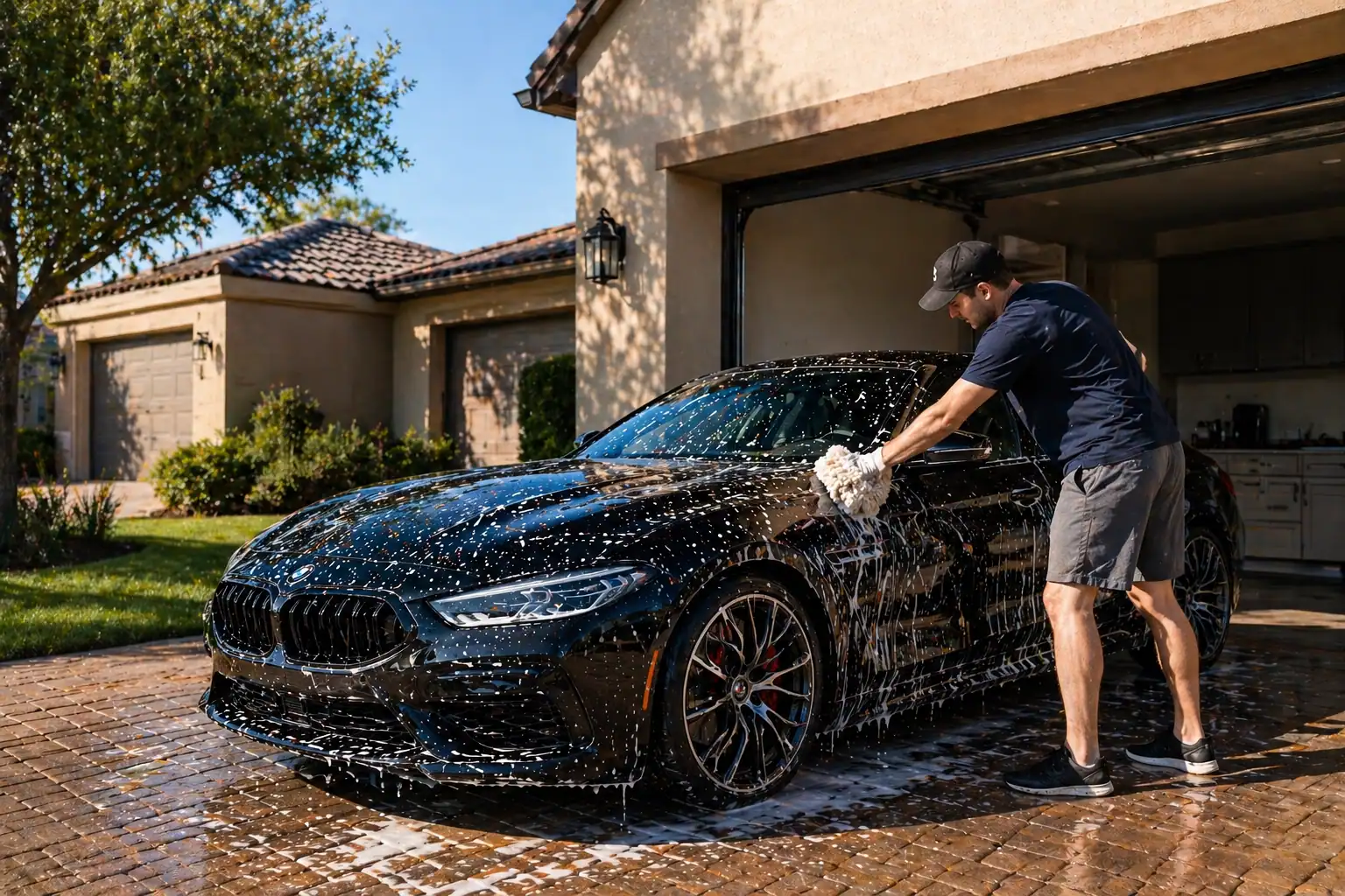 Man hand washing a luxury car at home using safe methods to maintain paint protection film