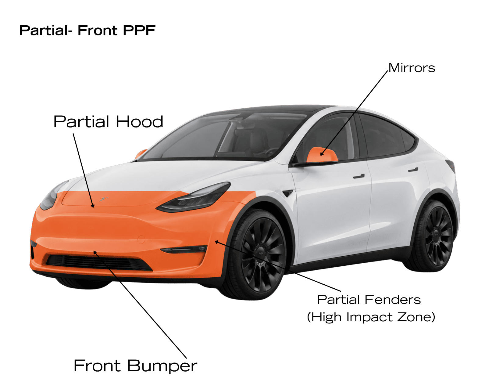 Tesla Model Y showing partial front paint protection film coverage on bumper, hood, mirrors, and front fender impact areas