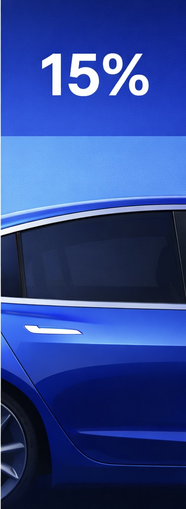 Tesla window with 15 percent tint showing dark glass with slight visibility inside