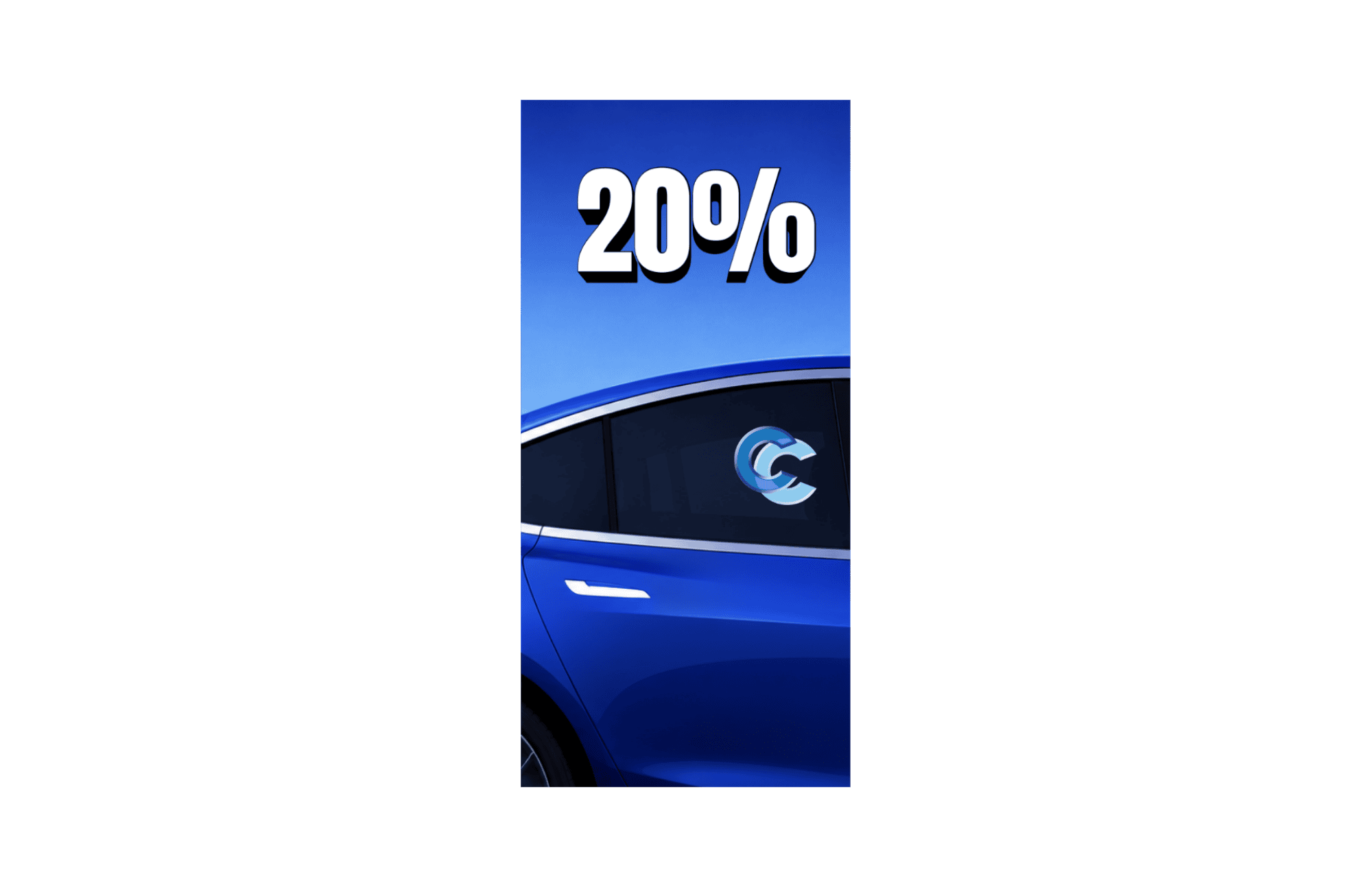 20% Window Tint Example on Tesla 20 percent window tint example on blue Tesla showing popular dark tint shade for privacy, heat reduction, and everyday driving