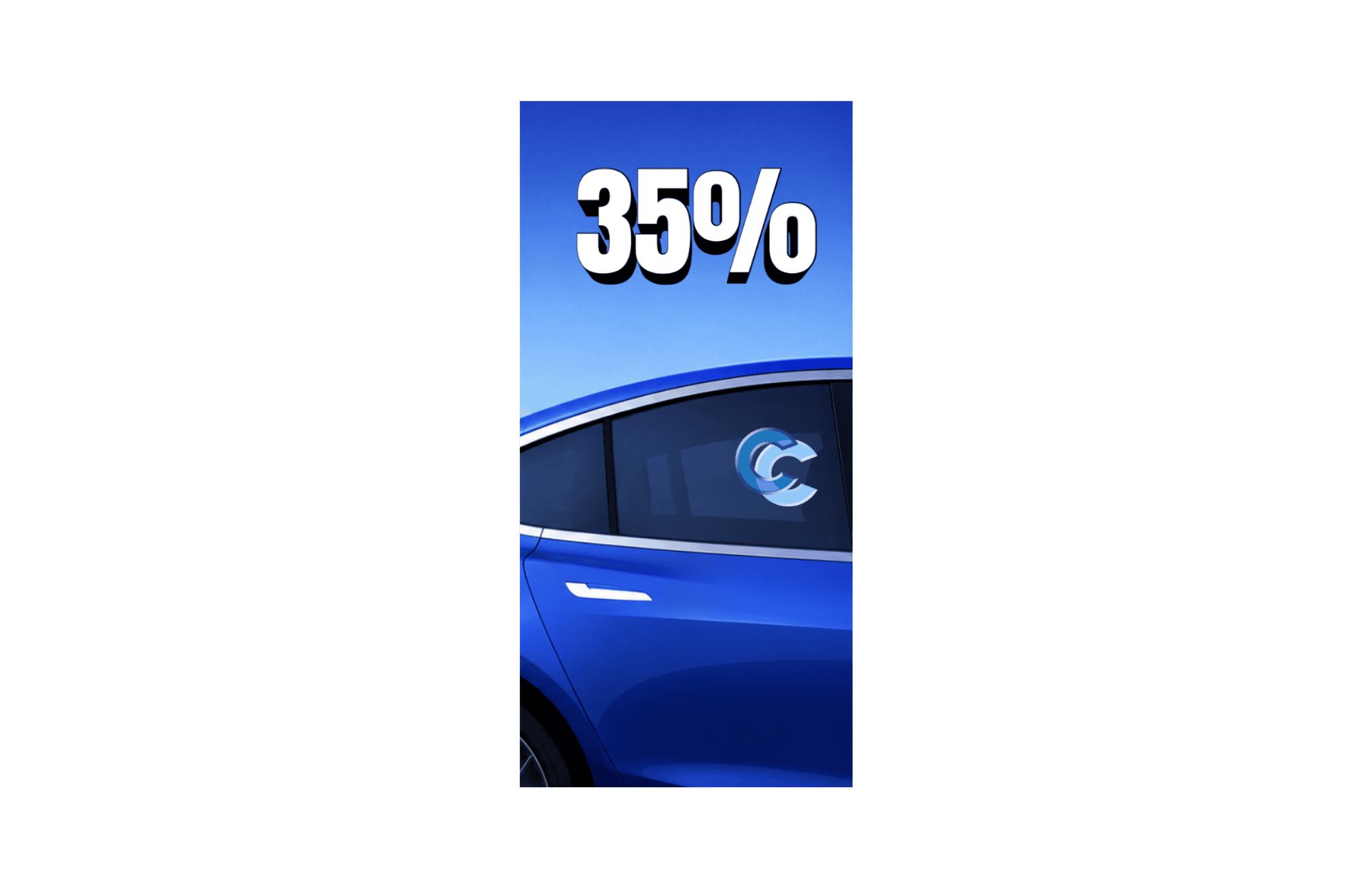 35% Window Tint Example on Tesla 35 percent window tint example on blue Tesla showing balanced tint shade for visibility, comfort, and heat reduction