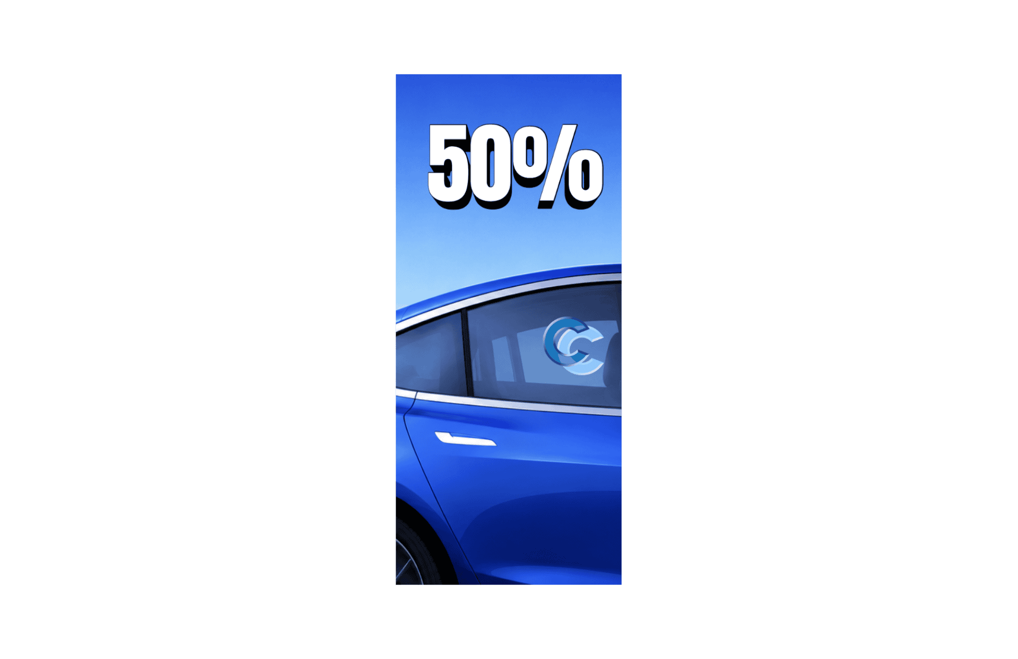 50% Window Tint Example on Tesla 50 percent window tint example on blue Tesla showing light tint shade for subtle heat reduction and improved daytime comfort