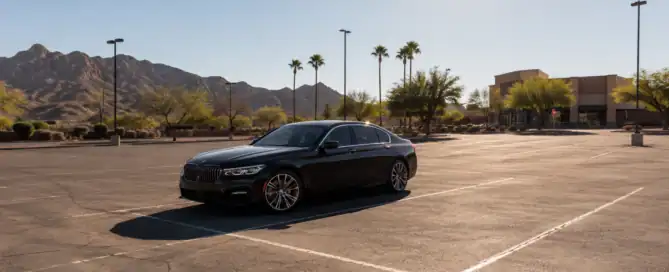 Luxury car sitting alone in a scorching hot Arizona parking lot under intense desert sun