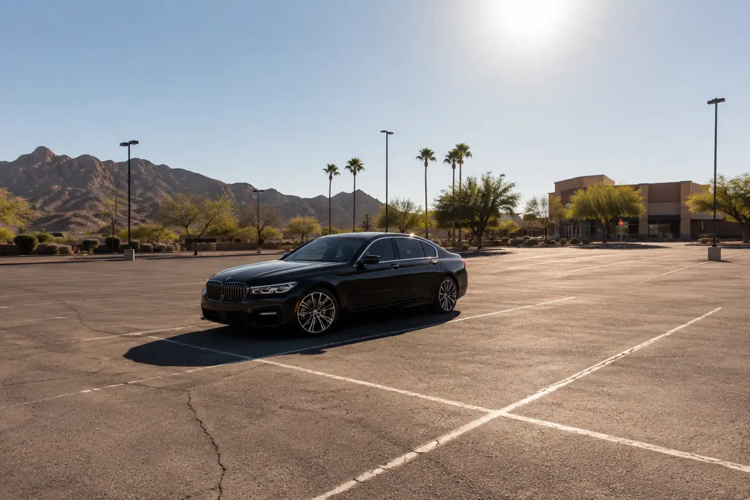 Luxury car sitting alone in a scorching hot Arizona parking lot under intense desert sun