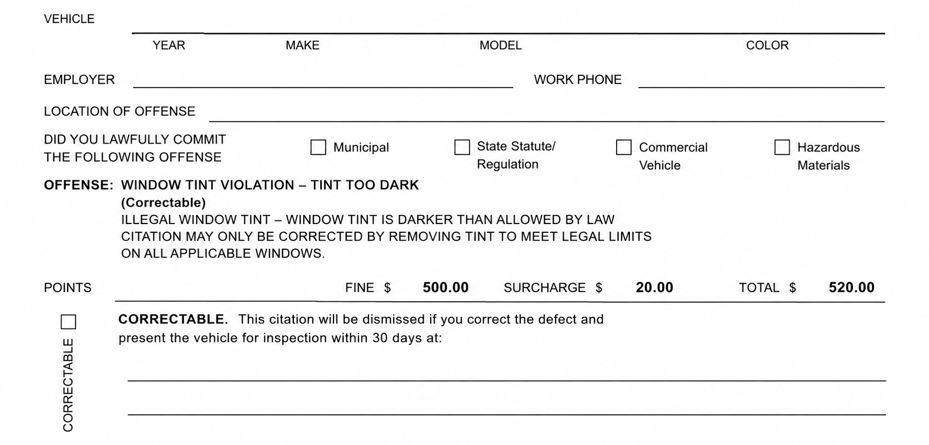 Example of a window tint violation citation showing a correctable ticket for illegally dark window tint.