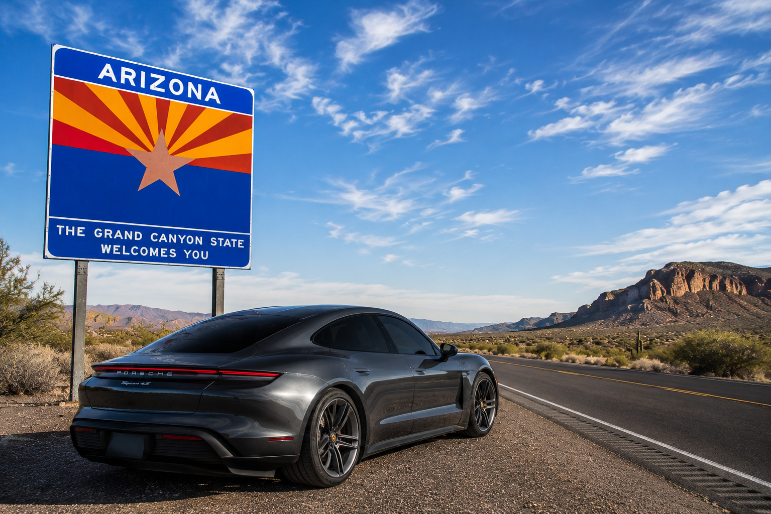Dark gray Porsche Taycan with dark ceramic window tint parked beside Arizona welcome sign in the Arizona desert.
