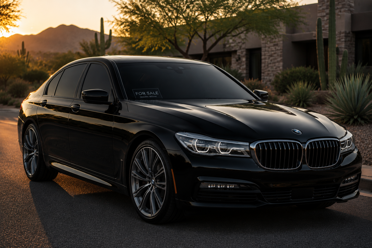 Black luxury sedan with dark ceramic window tint parked outside an upscale Arizona home with a subtle for-sale sign in the windshield.