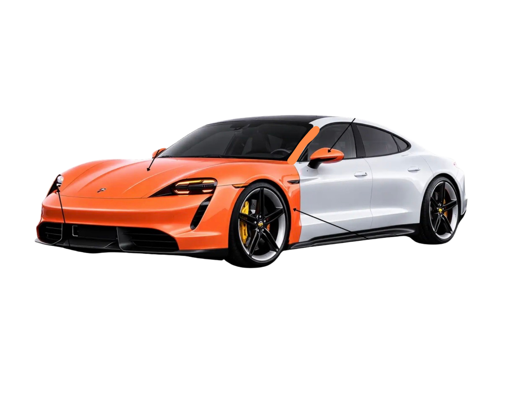 Full Front Paint Protection Film package showing coverage on the full front bumper, full hood, full front fenders, headlights, side mirrors, and A-pillars.