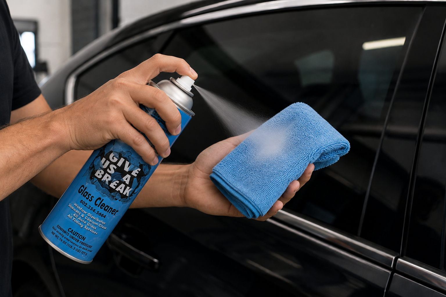 echnician spraying ammonia-free glass cleaner onto a tinted sports car window before cleaning.