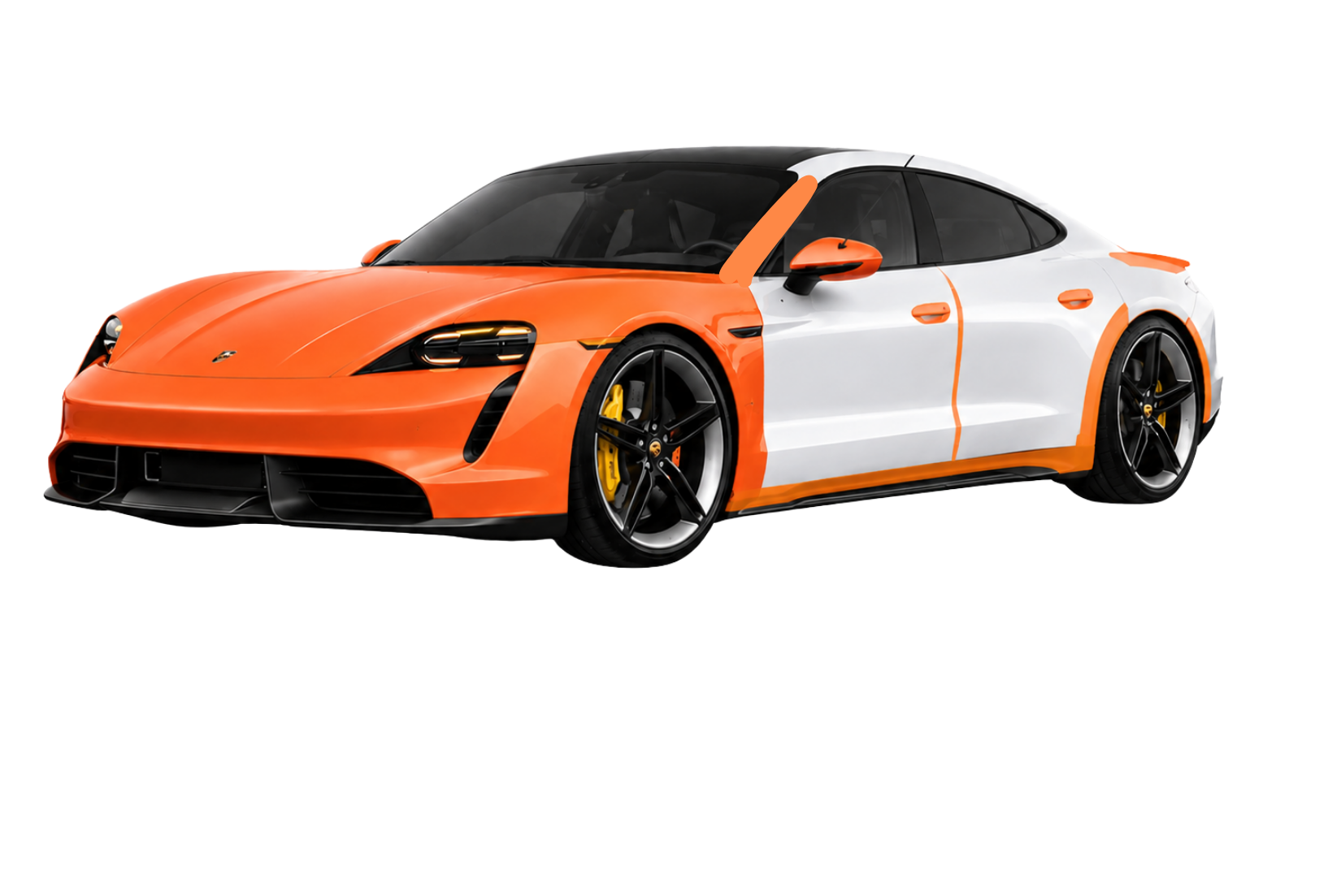 Performance Paint Protection Film package showing coverage on the full front bumper, full hood, full front fenders, headlights, side mirrors, A-pillars, rocker panels, door edge guards, door handle cups, rear fender splash guards, and trunk ledge guard.