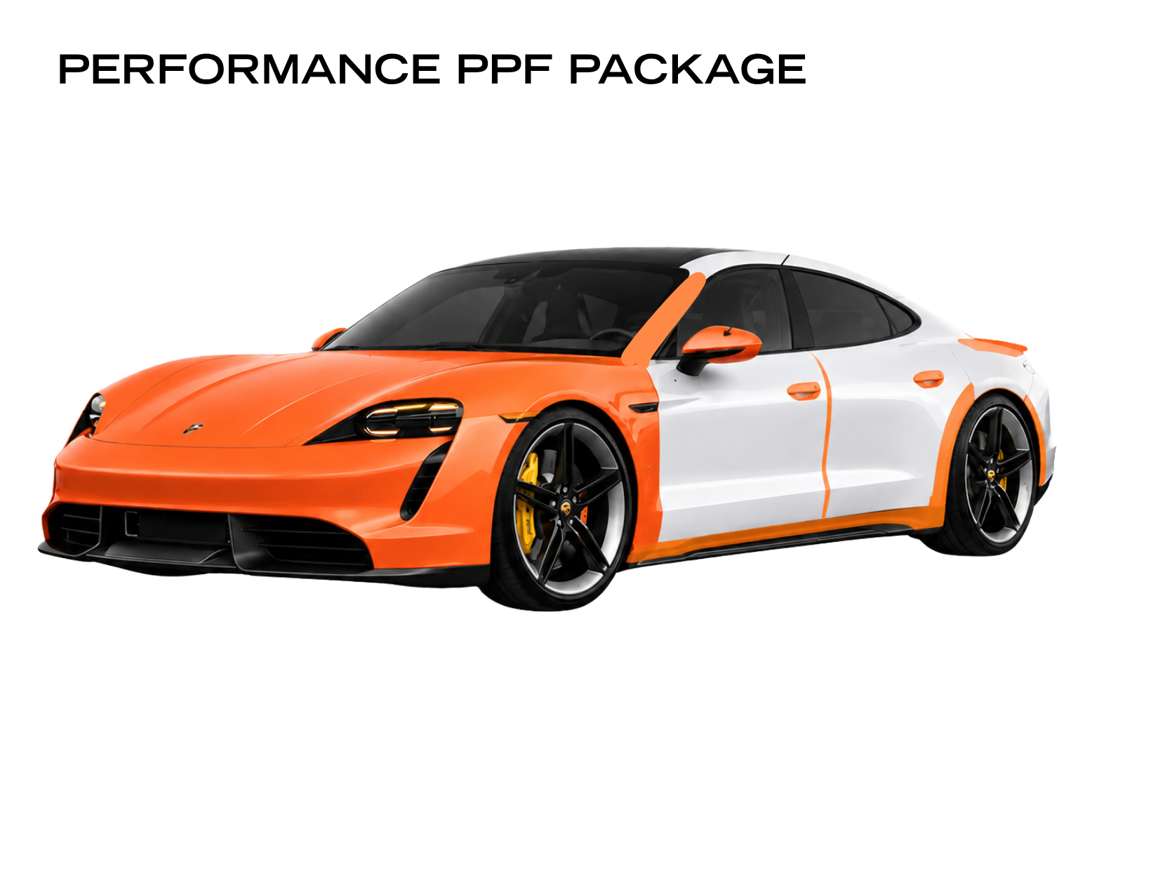 Performance Paint Protection Film package showing coverage on the full front bumper, full hood, full front fenders, headlights, side mirrors, A-pillars, rocker panels, door edge guards, door handle cups, rear fender splash guards, and trunk ledge guard.