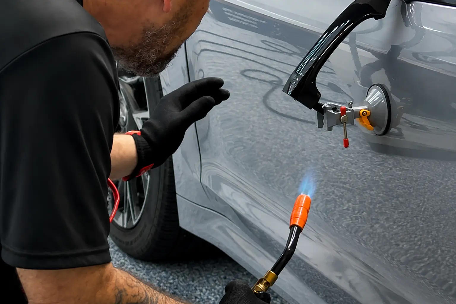 PPF installer working around vehicle hardware during a paint protection film installation